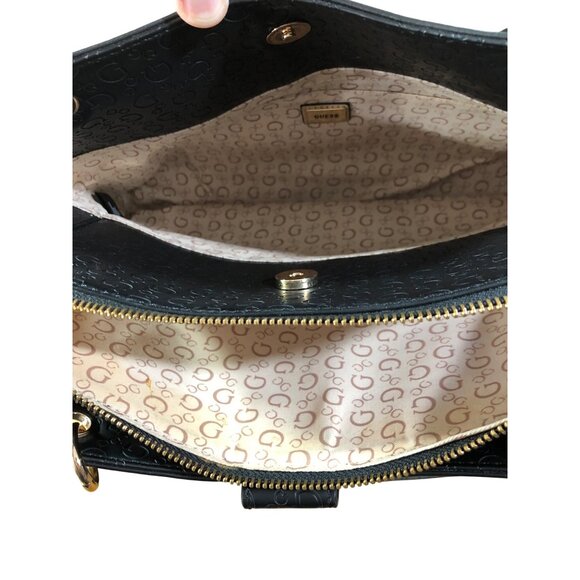 Guess Black Handbag Embossed Logo Faux Leather Purse Gold-Tone Hardware Handles - Picture 10 of 15